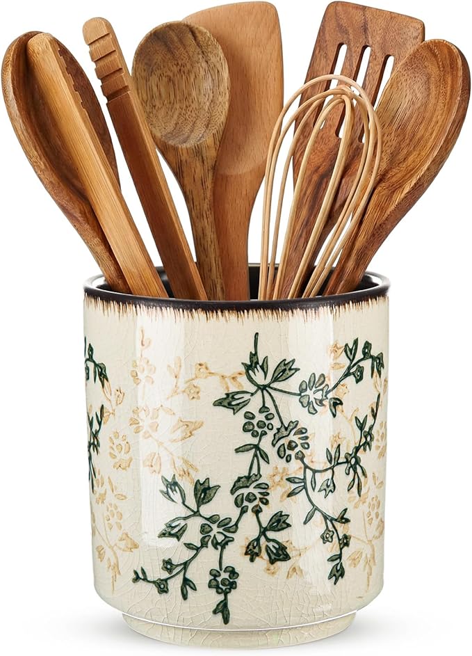 Kitchen Ceramic Utensil Holder Rustic 5.5" Green Floral Utensil Crock for Countertop Tuscany Cooking Tools Storage Caddy for Spatula Spoon Farmhouse Decor Housewarming Gift