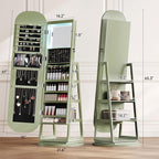 360° Swivel Jewelry Mirror Cabinet with Lights, Inside Makeup Mirror, Standing Jewelry Armoire Organizer, Rotatable Full-Length Mirror with Jewelry Storage, Lockable with Back Storage Shelves (Green)