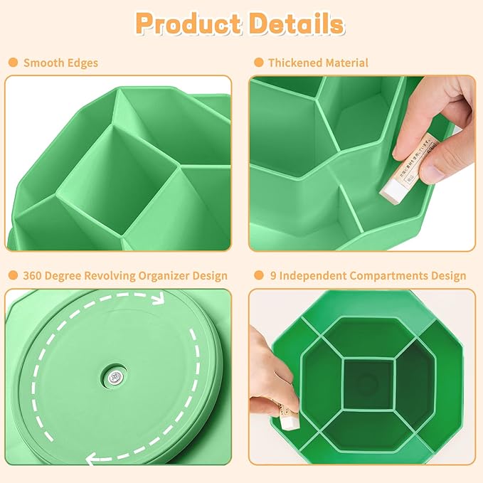 Pencil Pen Holder for Desk,9 Slots 360 Degree Rotating Desk Organizers,Desktop Storage Stationery Supplies Organizer, Cute Pencil Cup Pot For Office, School, Home(Green)