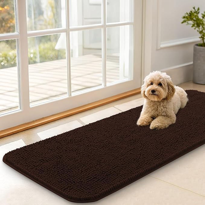 OLANLY Dog Door Mat for Muddy Paws 47x17, Absorbs Moisture and Dirt, Absorbent Non-Slip Washable Doormat, Quick Dry Chenille Mud Mat for Dogs, Entry Indoor Entryway Carpet for Inside Floor, Brown