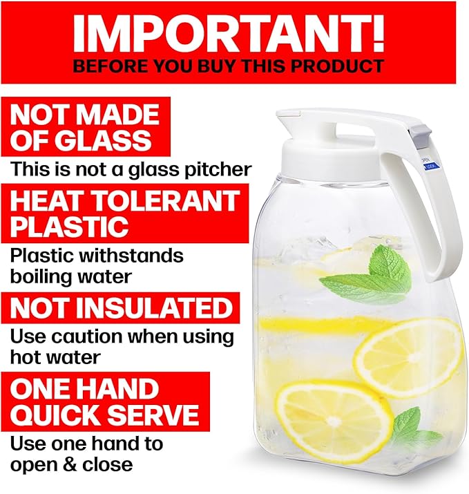QuickServe Large Airtight Pitcher - 3L (101oz), Heat Resistant, BPA-Free SAN Plastic, One Touch Open & Close, Space-Saving, Made in Japan - White