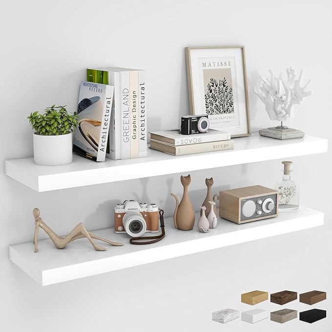 RICHFOCUS 48Inch Floating Shelves for Wall 2 Pack Shelves for Bedroom|Kitchen|Bathroom Wall Mounted Rustic Wood Floating Shelf with Invisible Brackets for Books|Storage|Decor, White