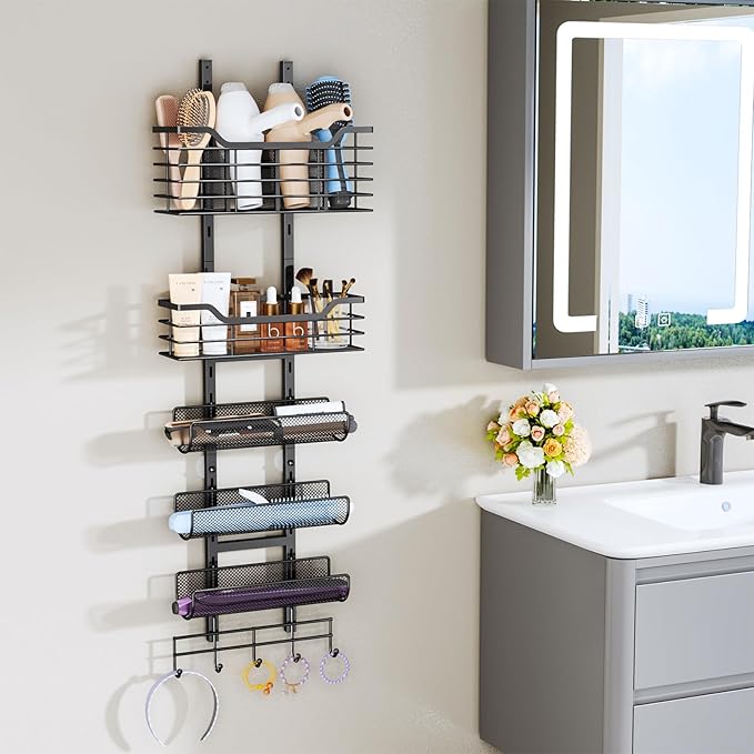 Consumest 6-Tier Hair Tool Organizer - Hair Dryer Holder Over The Door/Wall Mounted DIY Adjustable Shelf Bathroom Door Organizer with Hook for Curling Iron/Blow Dryer/Straightener Black
