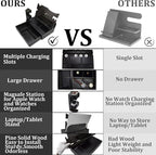 Nightstand Organizer for Men with Large Drawer, Wood Phone Docking Station for Phone, Apple Watch, Wallet & Keys, Ideal Birthday Gift for Father Husband Wife, Bedside Desk Organizer (Black)