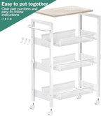 Vivihomety Utility Slim Storage Cart with Wheels, 4 Tier Small Rolling Cart with Wood Top, Metal Kitchen Bathroom Laundry Room Organization Trolley with Handle for Narrow Space - White