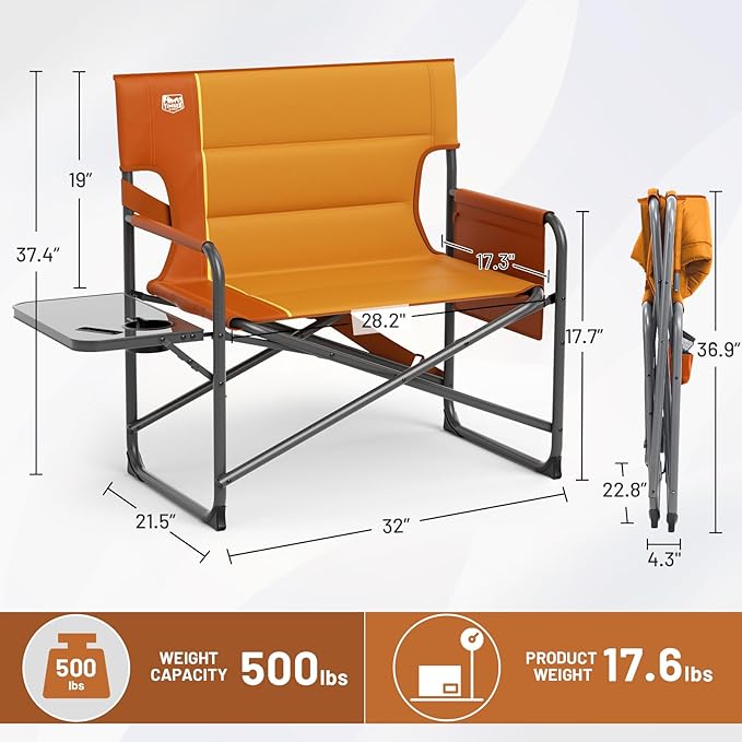 TIMBER RIDGE XXL Director’s Chair – Heavy Duty Folding Chair with Side Table, 500 lb Capacity, Extra Wide Padded Seat for Camping, Sports, Beach, Patio, and Outdoor Use, Orange-2 Pack