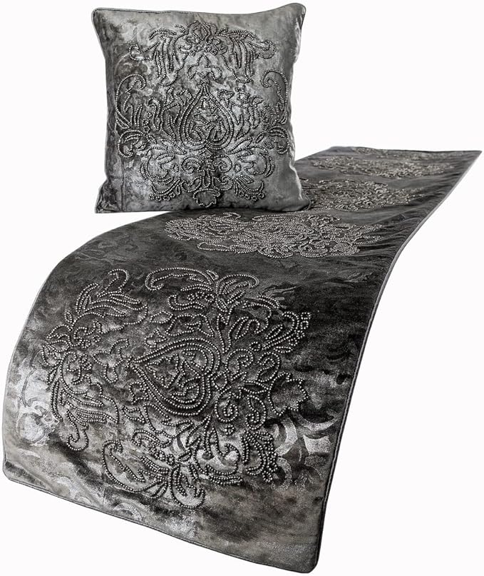 The HomeCentric Decorative Designer Handmade Bed Runner With 2 Throw Pillow Covers - 90 x 18 Inch Damask King Size Scarf in Foil Velvet and Embroidery Linen - Foil Damask