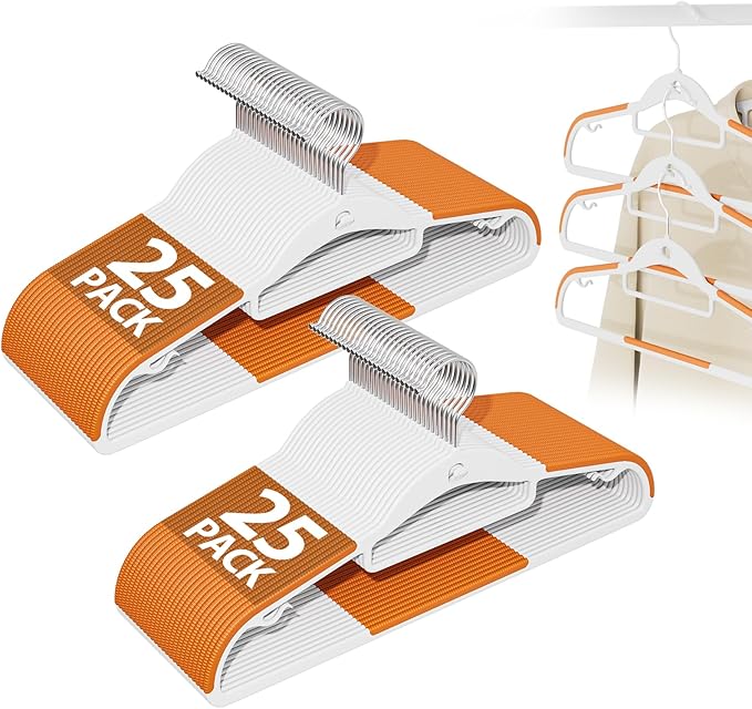 Plastic Hangers 50 Pack, Stackable Slim Space Saving Hangers with Non-Slip Pads, 360° Swivel Hook, Cascading Strip for Vertical Storage, Closet Organizer for Shirt, Suit, Skirt, Coat - Orange