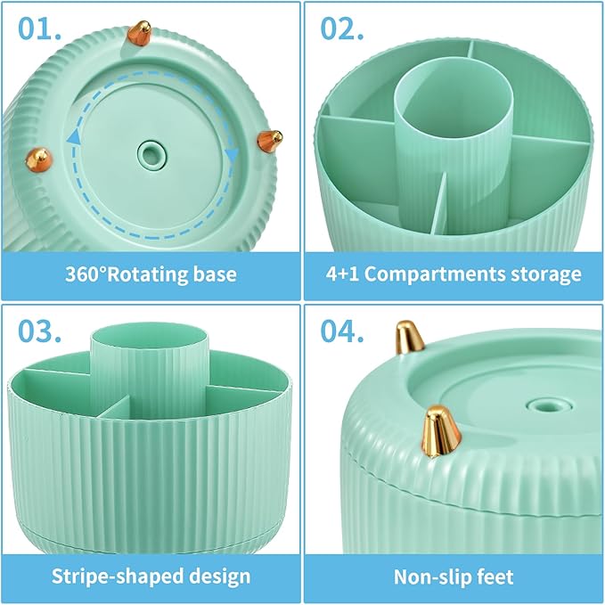 Marbrasse Desk Organizer, 360-Degree Rotating Pen Holder, Desk Organizers and Accessories with 5 Compartments Pencil Holder, Art Supply Storage Box Caddy for Office, Home (Mint Green)