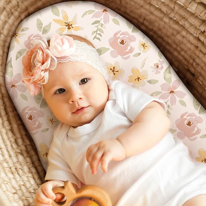 Baby Bassinet Sheets Girl Boy, Fitted Bassinet Sheet Set 3 Pack Bassinet Mattress Sheets Universal Fit for Rectangle, Round, Oval, Hourglass Mattress, Soft Breathable Pink Flowers & Leaf