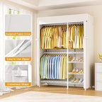 ULIFHOME F2C Clothes Rack with Cover, Clothing Racks for Hanging Clothes, Heavy Duty Garment Rack with Shelves and Hanger Rods, White Closet with Beige Cover, 47.2" W x 16.5" D x 78.3" H, Load 630lbs