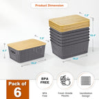 Plastic Storage Baskets With Bamboo Lid - Plastic Storage Containers Stackable Storage bins: Storage Baskets for Organizing Shelves Drawers Desktop Closet Playroom Classroom Office, 6 Pack, Gray