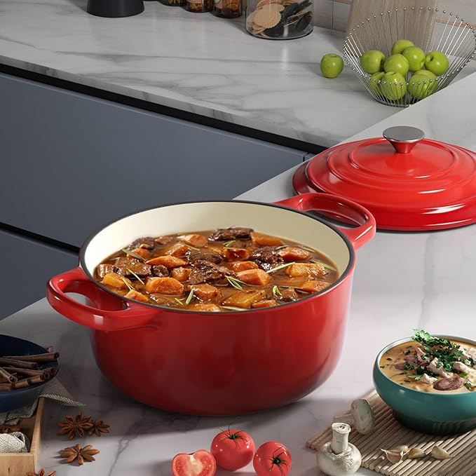 Miereirl 6 Quart Enameled Dutch Oven Pot with Lid, Cast Iron Dutch Oven with Dual Handles for Bread Baking, Cooking, Non-stick Enamel Coated Cookware (Red)