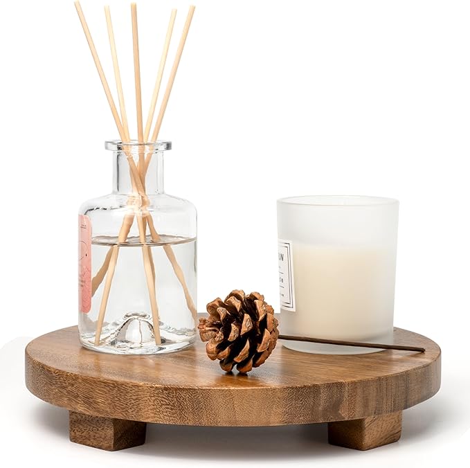 Round 9.4" Acacia Wood Decorative Tray – Farmhouse Wood Riser Pedestal Stand for Kitchen and Bathroom Decor, Counter Display, Vanity Tray (Medium, 9.4" Dia)