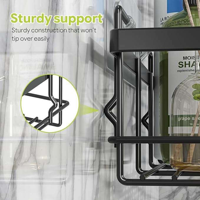 Simple Trending Adhesive Shower Caddy, 5-Pack Large Capacity Shower Shelves with Soap Dish Toothbrush Holder & Hooks, No Drilling Bathroom Organizer and Storage for Home Decor, Black