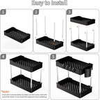 3 Pack Under Sink Organizers and Storage, 2 Tier Bathroom Cabinet Organizer Shelf with Hanging Cups for Kitchen & Bathroom (Black)