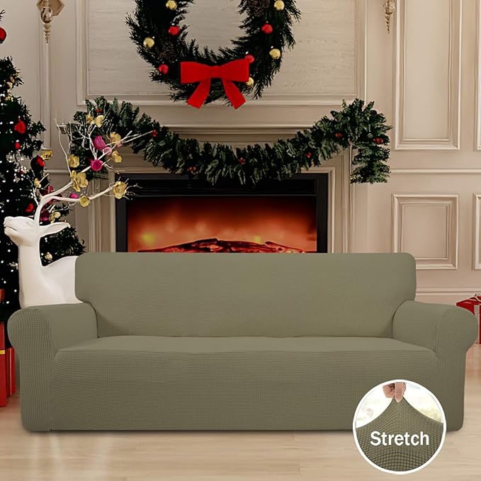Easy-Going Stretch Oversized Sofa Slipcover 1-Piece Sofa Cover Furniture Protector Couch Soft with Elastic Bottom for Kids, Polyester Spandex Jacquard Fabric Small Checks Khaki