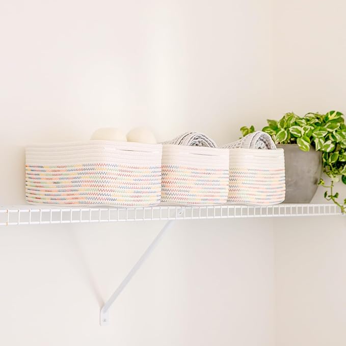 NaturalCozy 13.5”x8.5”x5.5” Rectangle Storage Baskets for Shelves 3 Pack | Cotton Rope Woven Small Baskets for Organizing | Small Storage Bins for Nursery, Bathroom, Closet, Shelf, Decorative