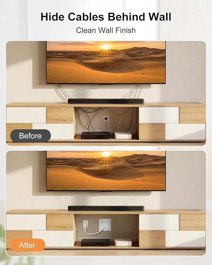 TV Cord Hider for Wall Mounted TV with Recessed Wall Outlet, in-Wall Cable Management Kit with 9.84ft Cord, DIY Installation Kit with Hardware, for Workspace Living Room (2AC + USB-A + USB C)