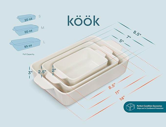 Kook Ceramic Bakeware Set, Rectangular Baking Dishes, For Casseroles, Lasagna, Cake, Small, Medium & Large Pans, Microwave & Dishwasher Safe, Set of 3, (Ivory)