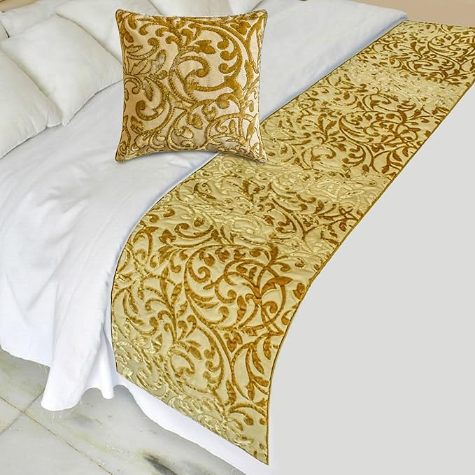 The HomeCentric King/Queen/Twin Beige Gold Decorative Bed Runner Queen 74"x18" Bed Runner Without Pillow Cover, Cut Velvet, Beaded Bed Scarf on Velvet Fabric - Serene Symphony