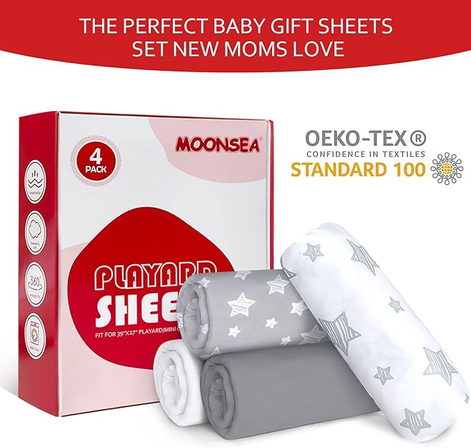 Pack and Play Sheets, 4 Pack Mini Crib Sheets, Stretchy Pack n Play Playard Fitted Sheet, Compatible with Graco Pack n Play, Soft and Breathable Material, Grey