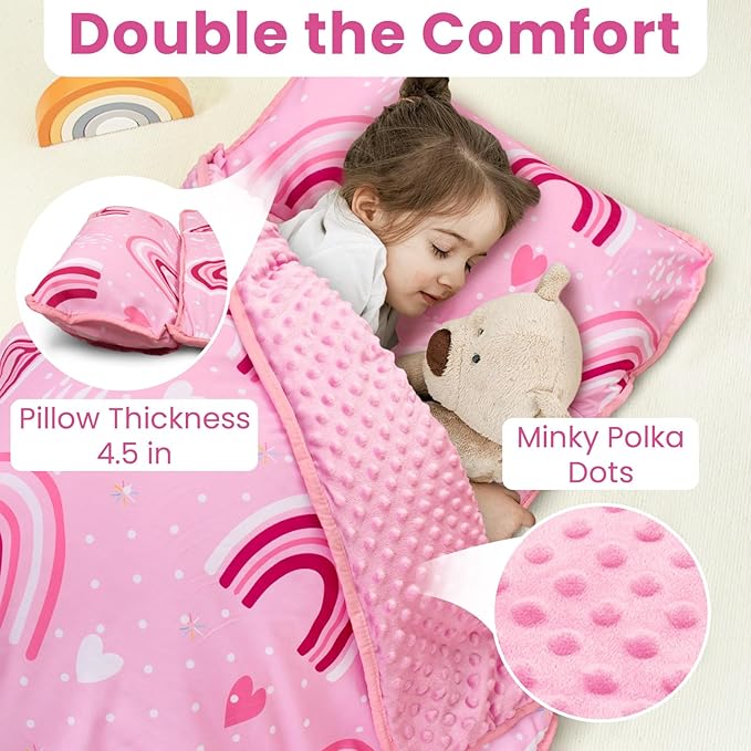 Toddler Nap Mat with Pillow and Minky Blanket, Large 55"x35" Sleeping Bag, Washable, Lightweight, Easy to Roll, Perfect for Preschool, Daycare, Kindergarten, Travel, Boys and Girls(Rainbow)