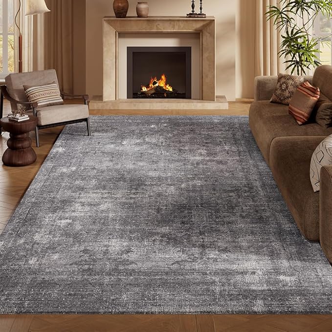 9x12 Area Rugs Light Grey Washable Rug for Living Room, Dining Room, Bedroom, Large Carpets, Non Slip & Non-Shedding Low Pile Vintage Print Rug for Home Office Decor
