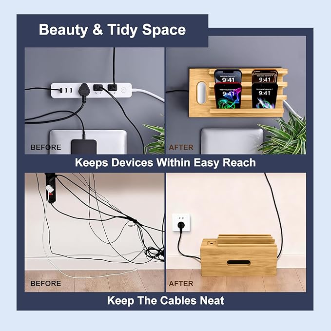 Bamboo Charging Station for Multiple Devices, Cable Management Box for Power Strip, USB Charger & USB Charging Hub/Station, Wood Docking Station Desktop Organizer Bedside Table Organizer