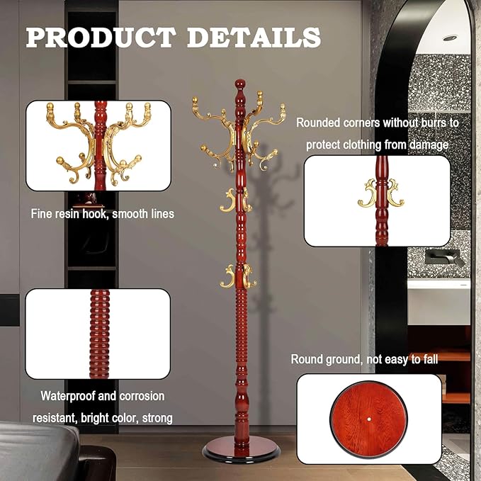 Coat Racks Free Standing with 14 Hooks, Natural Wood Coat Rack with Solid Round Base, Adjustable Height Coat Racks, Easy Assembly for Hallway, Bedroom and Office (Begonia color)