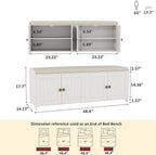 HOMEFORT 48.4" Shoe Storage Bench with Cushion, Entryway Bench with Paddded Seat, 2-Tier Shoe Cabinet Bench with Adjustable Shelves and 4 Doors, Wooden End of Bed Bench, for Bedroom, Hallway, White