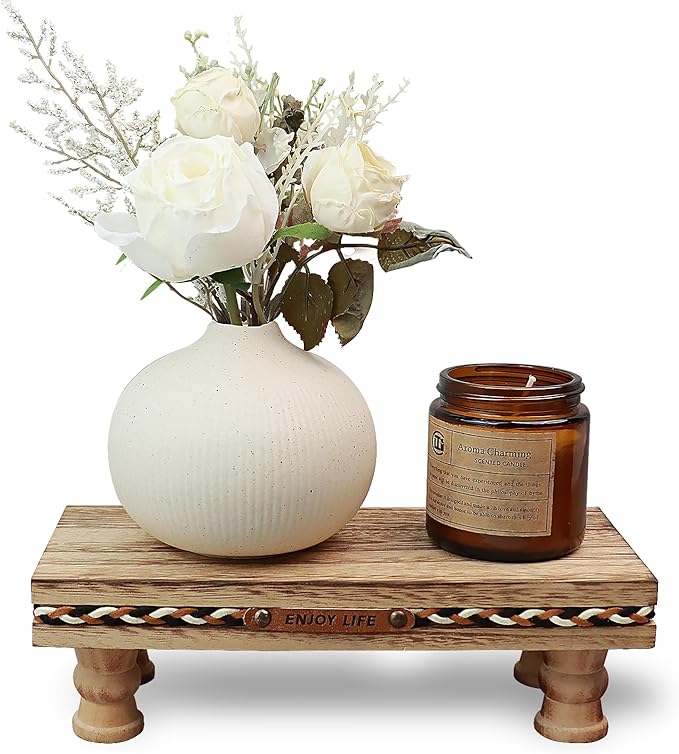 Wood Tray Pedestal Stand, Bathroom Counter Organizer, Modern Farmhouse Riser for Soap/Candle/Sponge Rustic Small