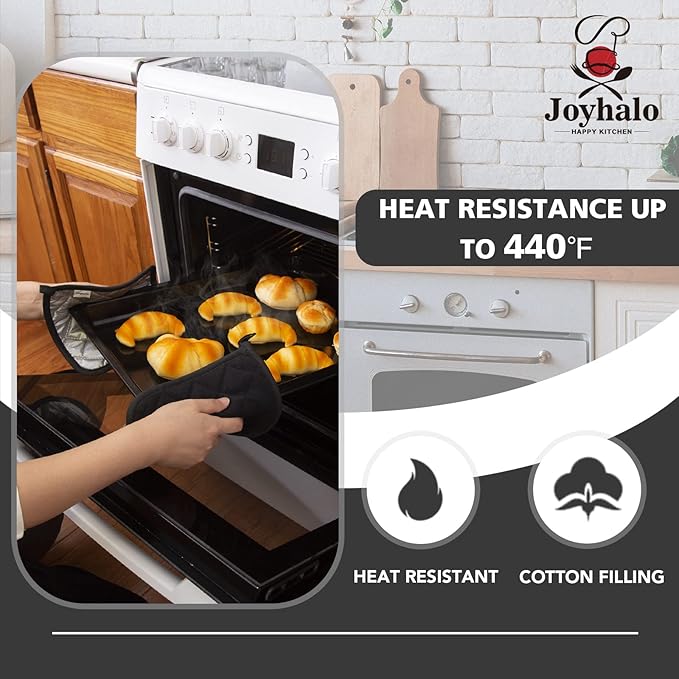 Joyhalo 4 Pack Pot Holders - Heat Resistant Oven Hot Pads, Terry Cloth, Black