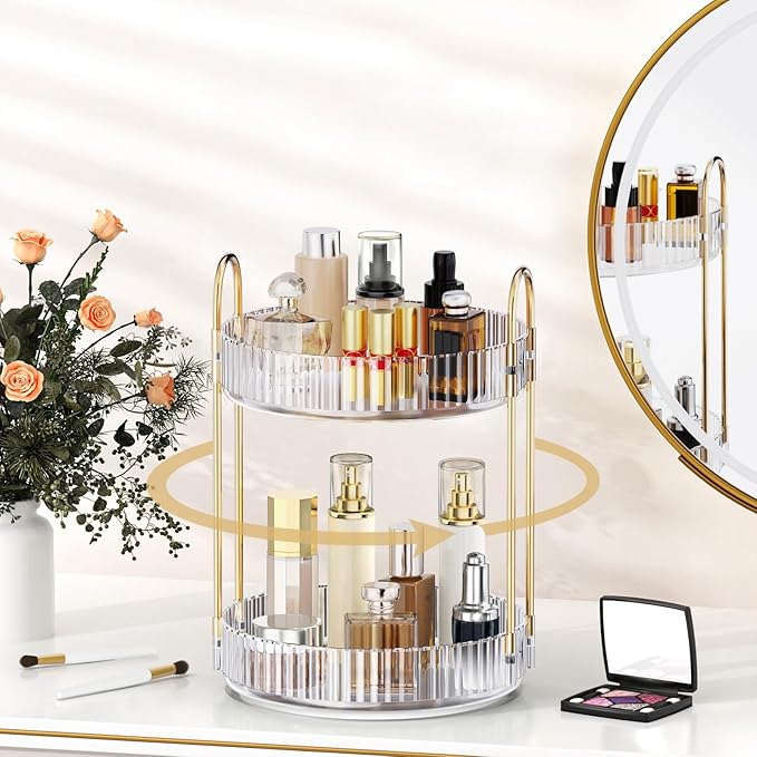 MOKANI 360 Rotating Makeup Organizer for Vanity, 2 Tier Adjustable Perfume Organizer for Dresser, Multi-Function Spinning Cosmetics Skincare Storage for Bedroom, Dresser, Countertop, Clear