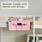 Surblue Bedside Organizer with Hook & Caddy Hanging Storage Bag with Adjustable Straps and Water Bottle Holder for Home, College, Dorm Bunk Bed & Crib Bed Rails Accessories, Pink