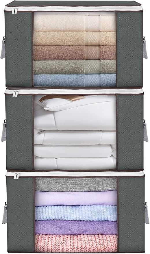 Large Storage Bags, 3 Pack Clothes Storage Bins Foldable Closet Organizers Storage Containers with Durable Handles Thick Fabric for Blanket Comforter Clothing Bedding 90 L (Gray)