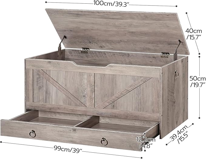 HOOBRO Storage Chest, 39.3" Toy Chest with Drawer, Wooden Storage Bench, Sturdy Entryway Bench Supports 220 lb, Safety Hinge, U-Shaped Opening, Easy Assembly, Greige BG710CW01G1
