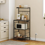 MAHANCRIS Bakers Rack with Power Outlet, Kitchen Storage Shelf with 6 Hooks, Microwave Stand with Storage, 4-Tier Coffee Bar Station, for Kitchen, Dining Room, Charcoal Gray and Black BRHT35E01N1