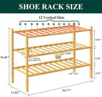 Smiry Bamboo Shoe Rack, 3 Tier Free Standing Wooden Shoe Organizer, Stackable Wood Shoe Storage Shelf for Closet, Entryway, 12 Vertical Slats, 2+1 Stack Standard Legs, 26.8"x11"x19.5", Natural