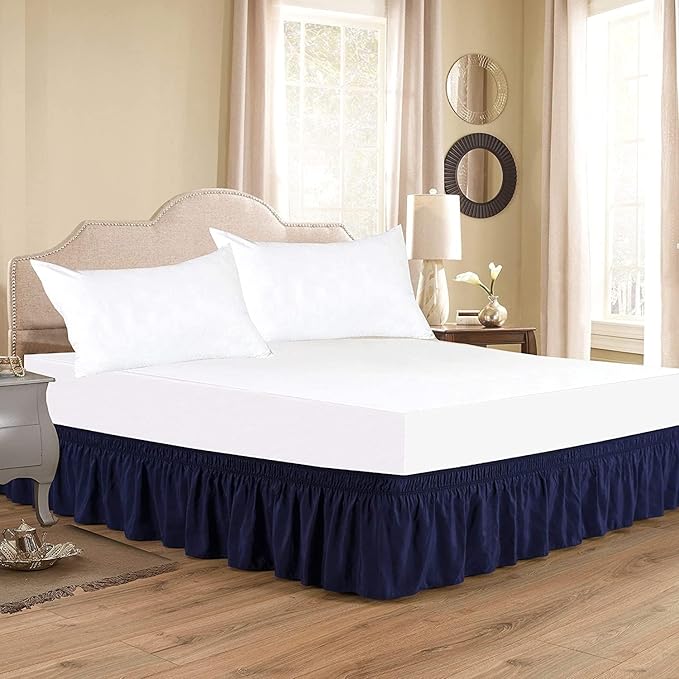 Navy Blue Wrap Around Bed Skirts with 16" Drop - Three Sides Fabric Adjustable Elastic Dust Ruffle Silky Soft -600 TC Stretchy Bed Skirt-RV King(72"X 80") Navy Blue