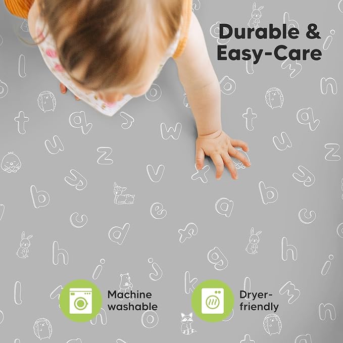 2-Pack Mini Crib Sheets Fitted - 38x26 Pack N Play Sheets for Pack and Play Mattress, Organic Cotton, Soft & Breathable Playard Bedding, Neutral Mini Toddler Bed Cover for Boys, Girls (ABC Land)