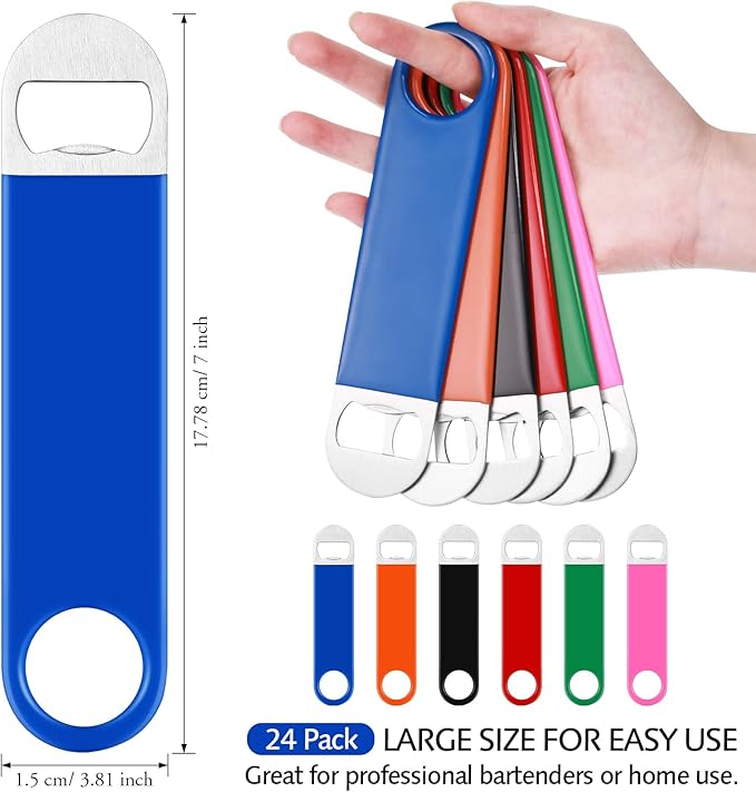 24 Pack Stainless Steel Flat Bottle Opener Bulk Heavy Duty Bartender Beer Openers Rubber Coated Beer Bottle Opener 7 Inch Beer Can Opener for Men Women Bar Kitchen Restaurant Party Supplies, 6 Colors