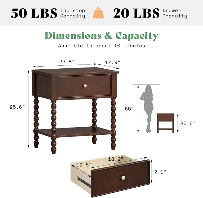 AMERLIFE 24" Walnut Nightstand Set of 2, Vintage Bedside Table