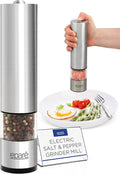 Eparé Salt or Pepper Grinder Mill Electric – Battery Operated Stainless Steel Mill with LED Light, Adjustable Ceramic Core, and One-Hand Push Button for Effortless Seasoning and Cooking