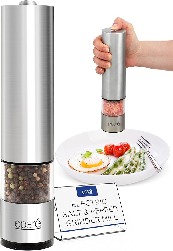 Eparé Salt or Pepper Grinder Mill Electric – Battery Operated Stainless Steel Mill with LED Light, Adjustable Ceramic Core, and One-Hand Push Button for Effortless Seasoning and Cooking