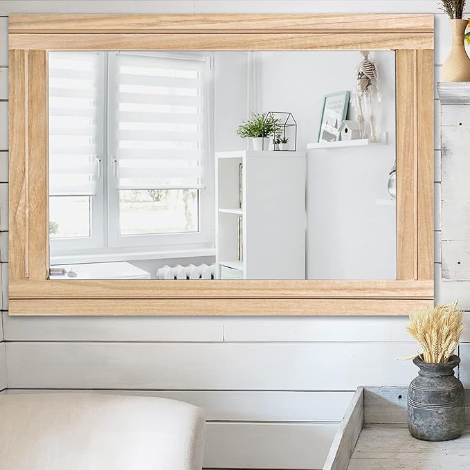 AAZZKANG Rustic Mirrors for Wall with Rectangular Wood Frame Decorative for Farmhouse Bedroom Bathroom Living Room Home Office Large 28"x20"