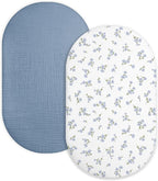 Bassinet Sheet for Baby Boy and Girl 2 Pack, Fitted Sheets for Rectangle, Oval, Hourglass Bassinet Mattress, Muslin Moses Basket Sheets with Neutral Style (Bluebell Bloom & Light Blue)
