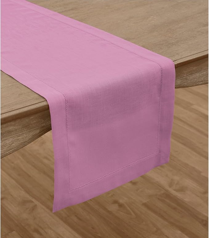 Solino Home Linen Table Runner 120 Inches Long - Classic Hemstitch 100% Pure Linen Violet Dining Table Runner 14 x 120 Inch