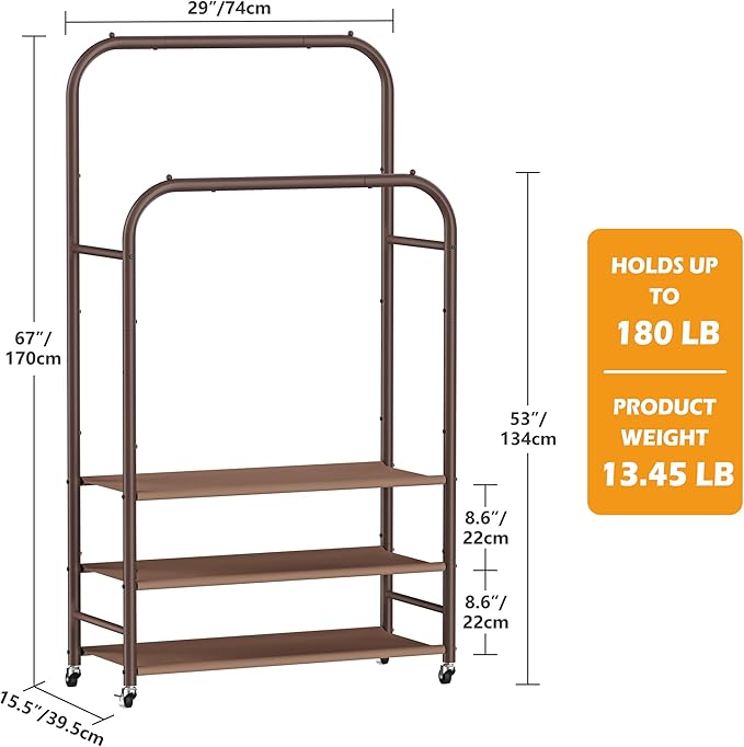 HOMIDEC Double Rods Clothes Rack Clothing Rack with 3 Tier Storage Shelves Clothes Rack for Hanging Clothes Multifunctional Heavy Duty Clothes Organizer for Bedroom,Wardrobe Closet,Shop,Brown