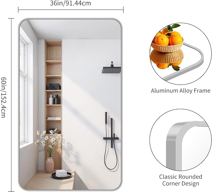 FORBATH 60x36 Inch Silver Bathroom Mirror for Over Sink, Large and Wide Rectangular Wall Mirror with Metal Frame, Rounded Corners for Bathroom, Bedroom, Entryway Decor (Horizontal or Vertical)